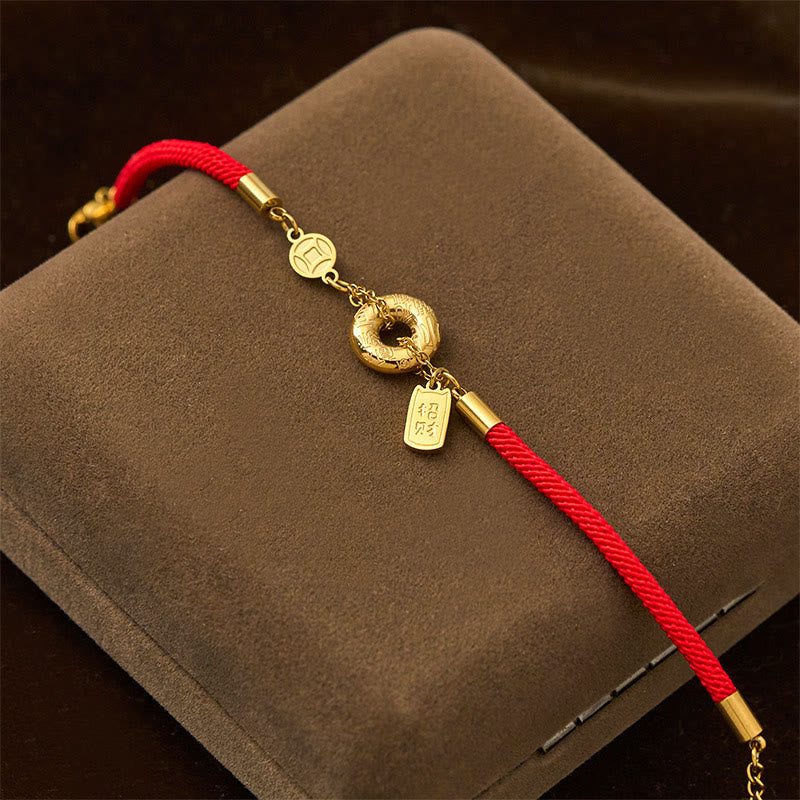 Titanium Steel Ping An Kou & Chinese Coin Red String Connection Bracelet