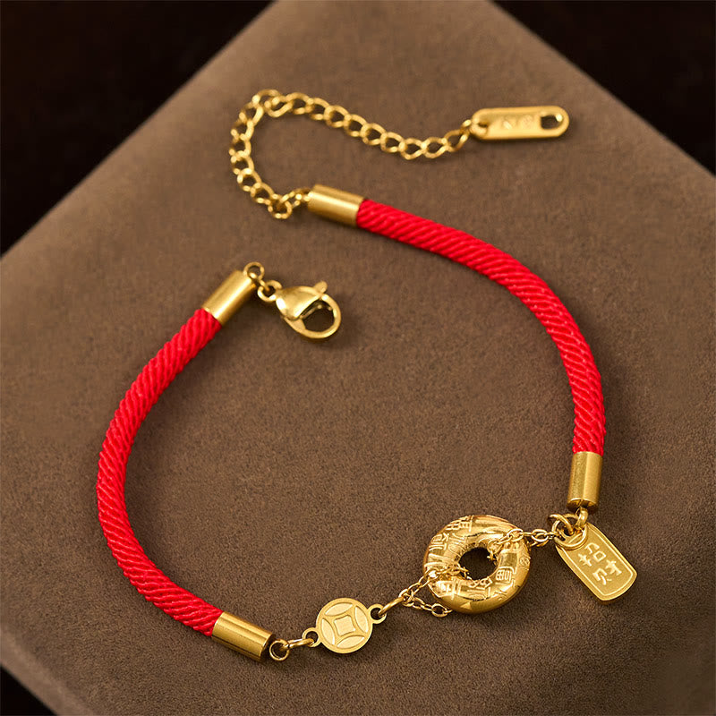 Titanium Steel Ping An Kou & Chinese Coin Red String Connection Bracelet