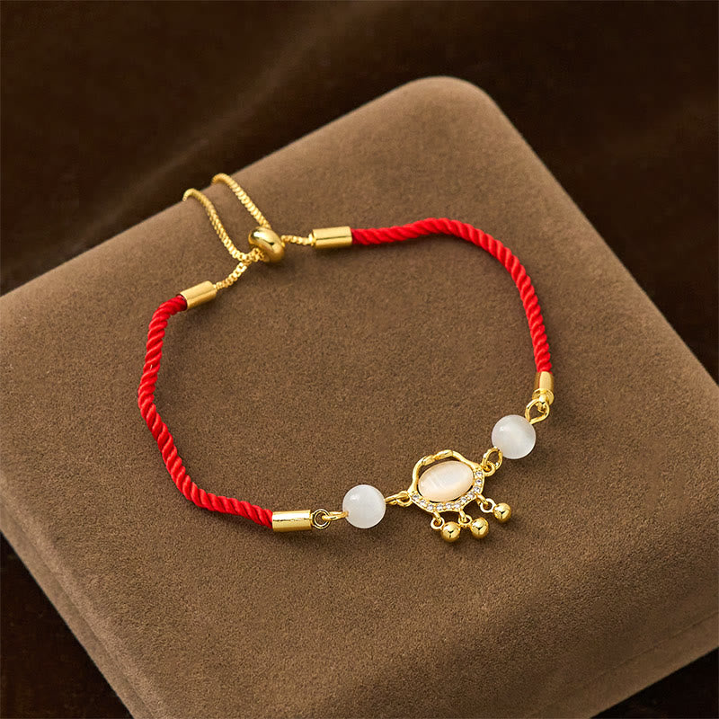 Red String Longevity Lock Charm Bracelet with Cat's Eye and Copper Plated Gold