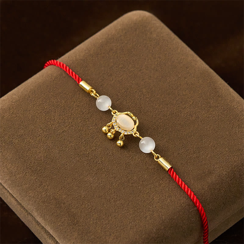 Red String Longevity Lock Charm Bracelet with Cat's Eye and Copper Plated Gold
