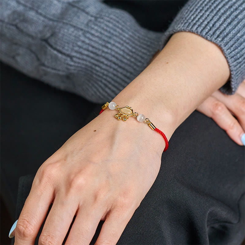 Red String Longevity Lock Charm Bracelet with Cat's Eye and Copper Plated Gold