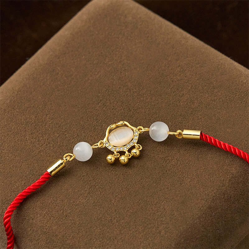 Red String Longevity Lock Charm Bracelet with Cat's Eye and Copper Plated Gold