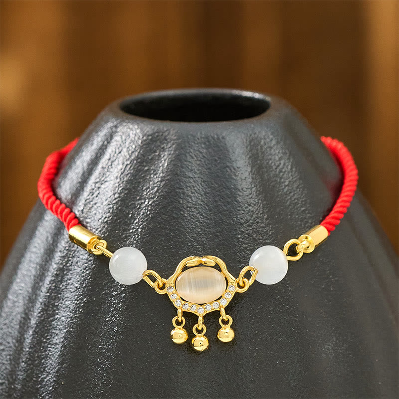 Red String Longevity Lock Charm Bracelet with Cat's Eye and Copper Plated Gold