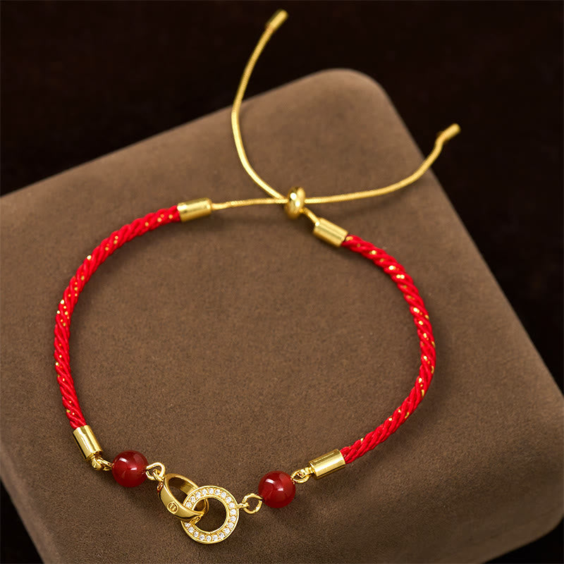 Copper Plated Gold Ping An Kou Peace Buckle with Red Agate & Red String Bracelet