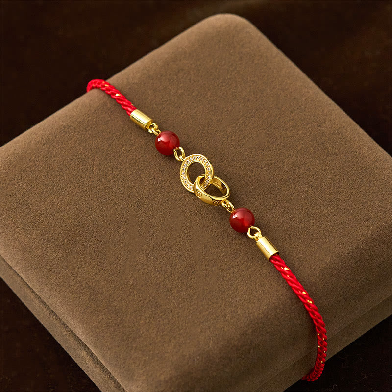 Copper Plated Gold Ping An Kou Peace Buckle with Red Agate & Red String Bracelet