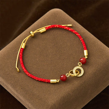 Copper Plated Gold Ping An Kou Peace Buckle with Red Agate & Red String Bracelet