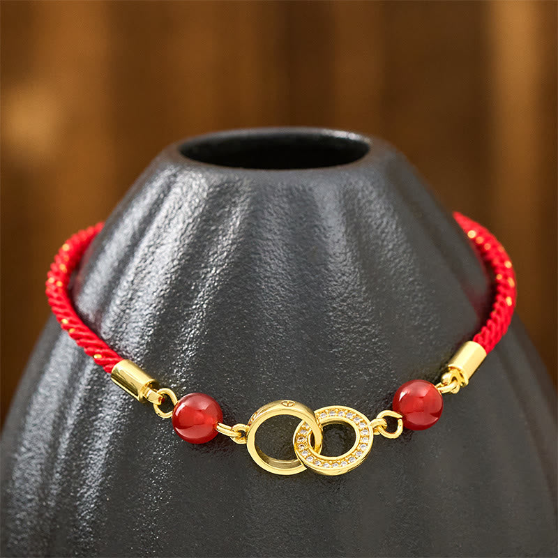 Copper Plated Gold Ping An Kou Peace Buckle with Red Agate & Red String Bracelet
