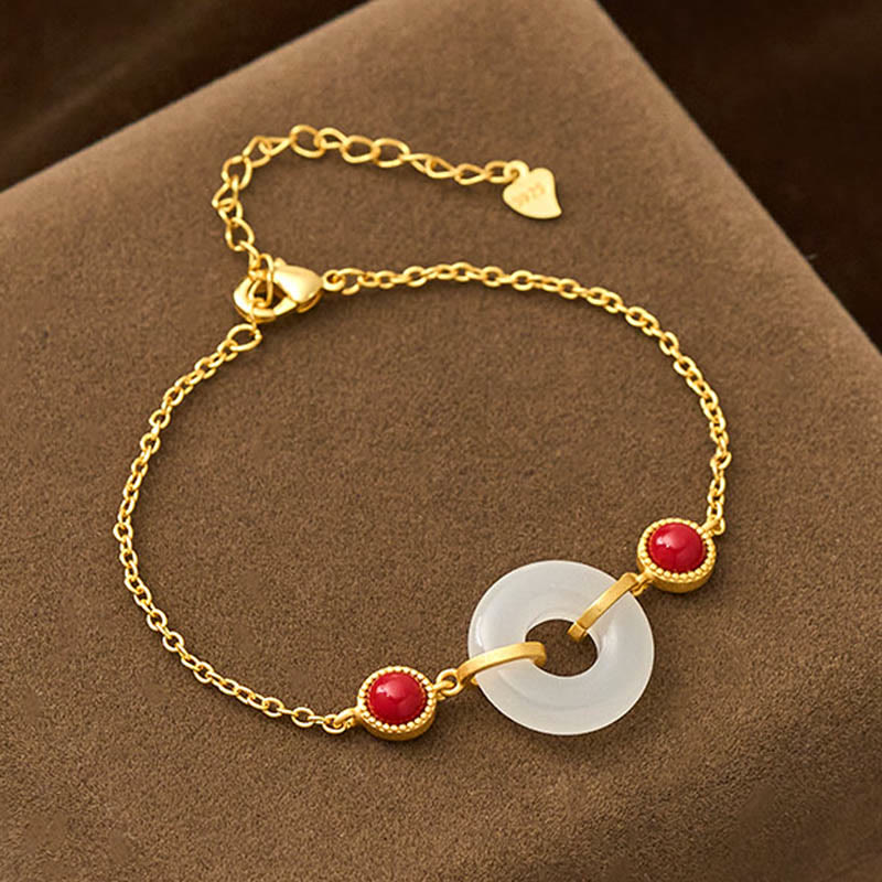 Hetian White Jade Ping An Kou Gold Plated Copper Peace Buckle Bracelet