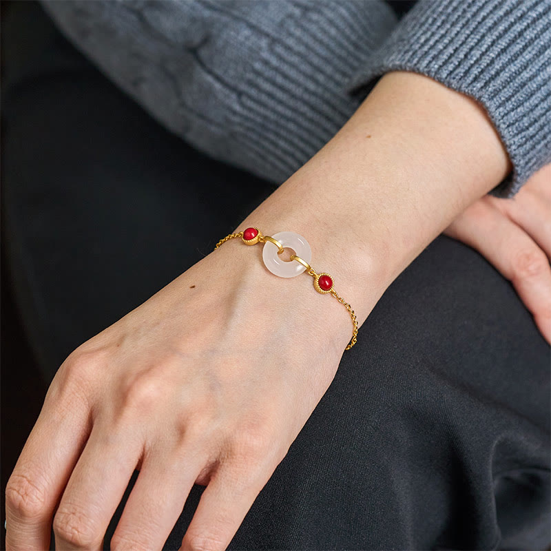 Hetian White Jade Ping An Kou Gold Plated Copper Peace Buckle Bracelet