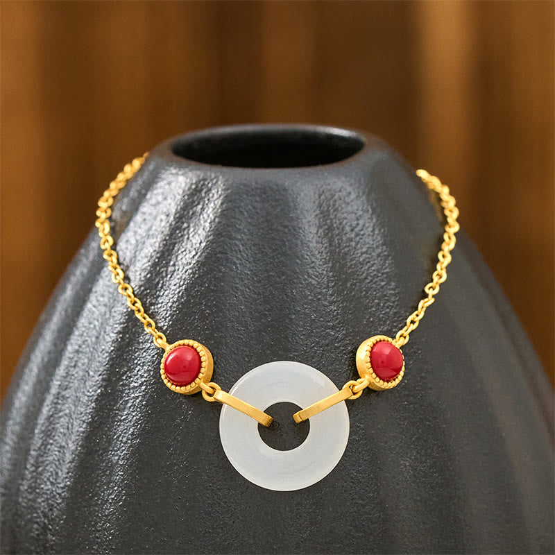Hetian White Jade Ping An Kou Gold Plated Copper Peace Buckle Bracelet