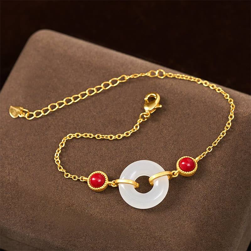 Hetian White Jade Ping An Kou Gold Plated Copper Peace Buckle Bracelet