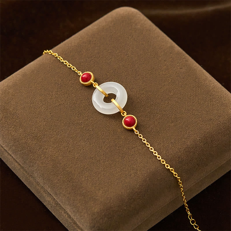 Hetian White Jade Ping An Kou Gold Plated Copper Peace Buckle Bracelet