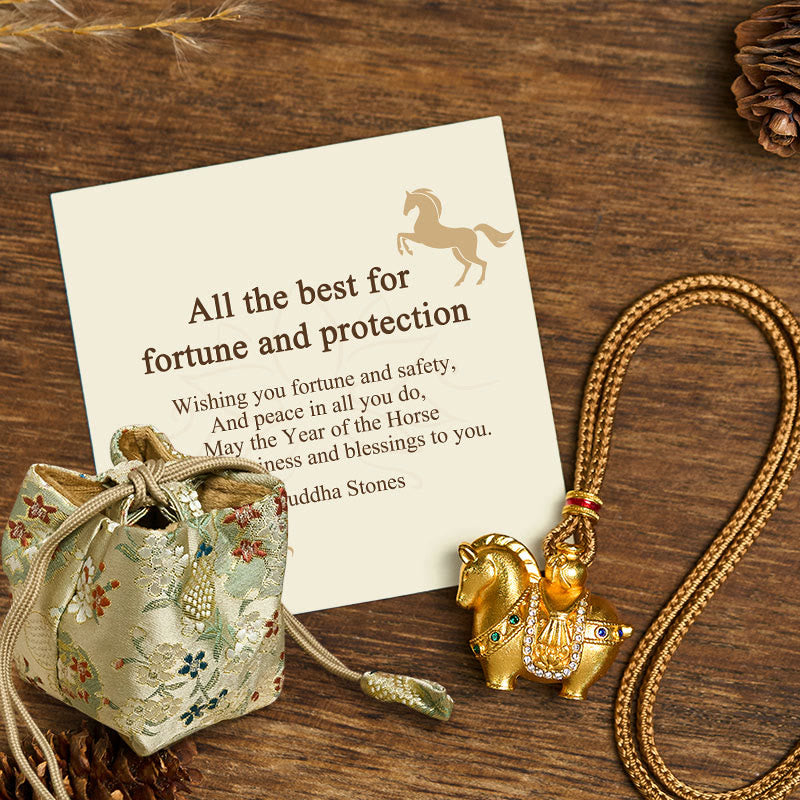 "All The Best For Fortune And Protection" Year Of The Horse 24k Gold Plated Brass Necklace Includes Gift Message Card