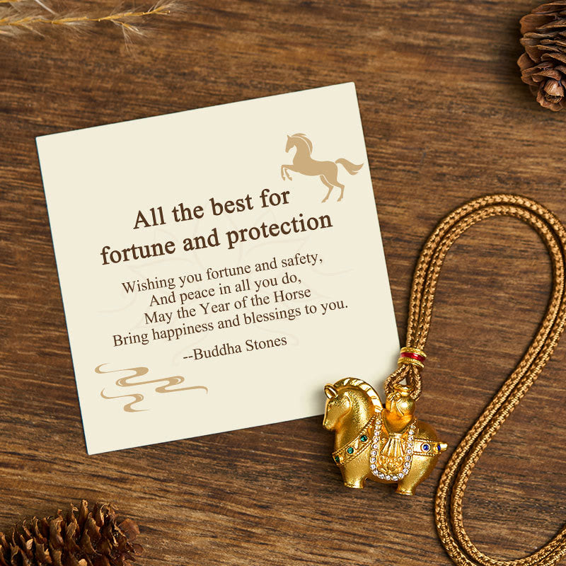 "All The Best For Fortune And Protection" Year Of The Horse 24k Gold Plated Brass Necklace Includes Gift Message Card
