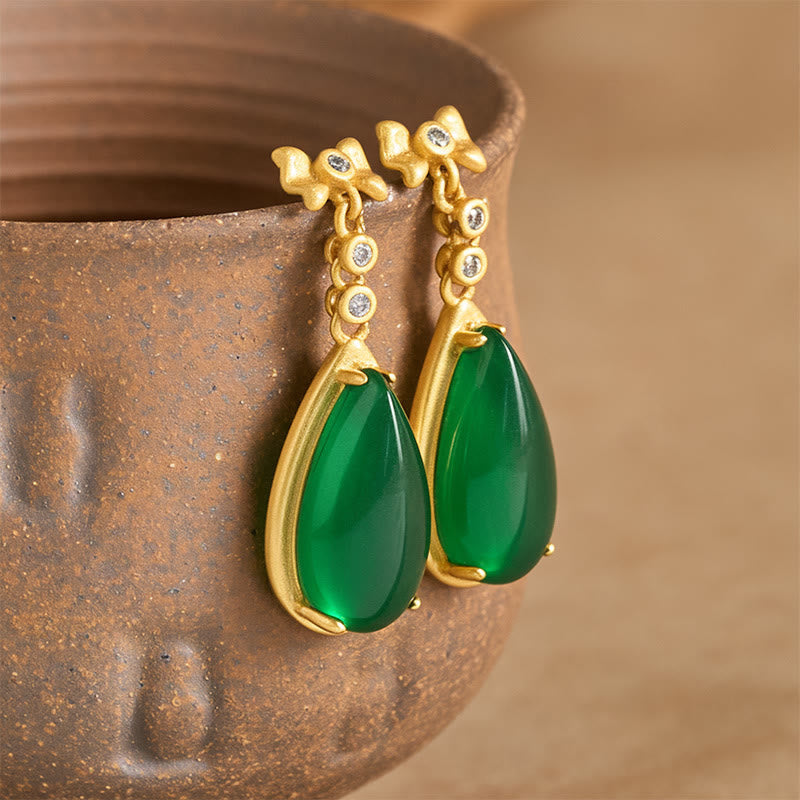 Waterdrop Design Green Jasper Copper Plated Gold Balance Earrings