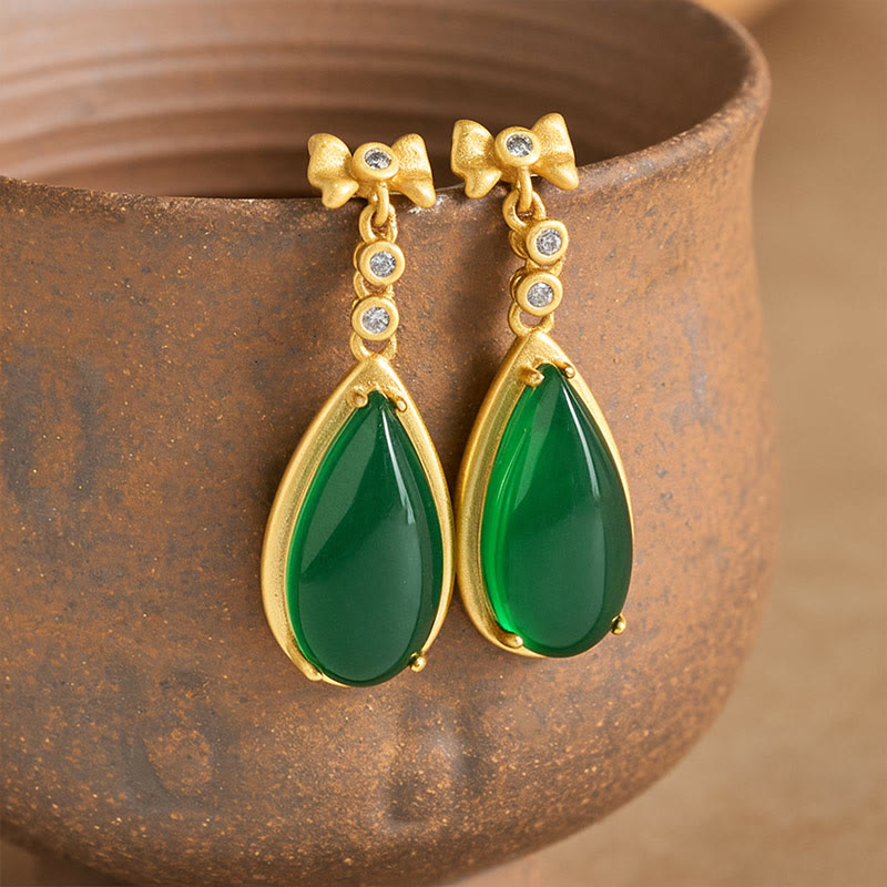 Waterdrop Design Green Jasper Copper Plated Gold Balance Earrings