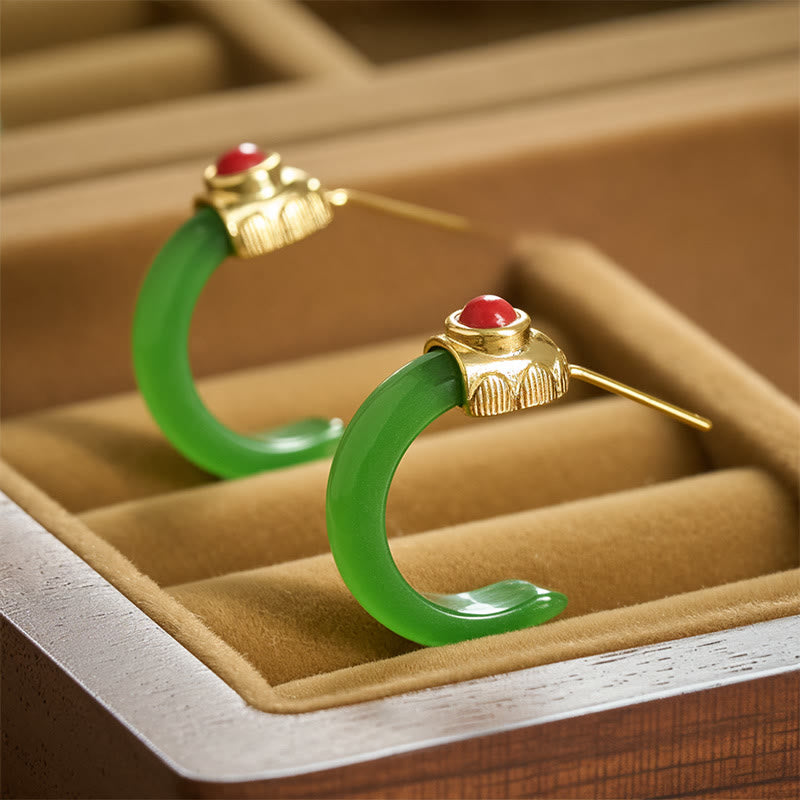 Round Hoop Design Hetian Jade Copper Plated Gold Abundance Earrings
