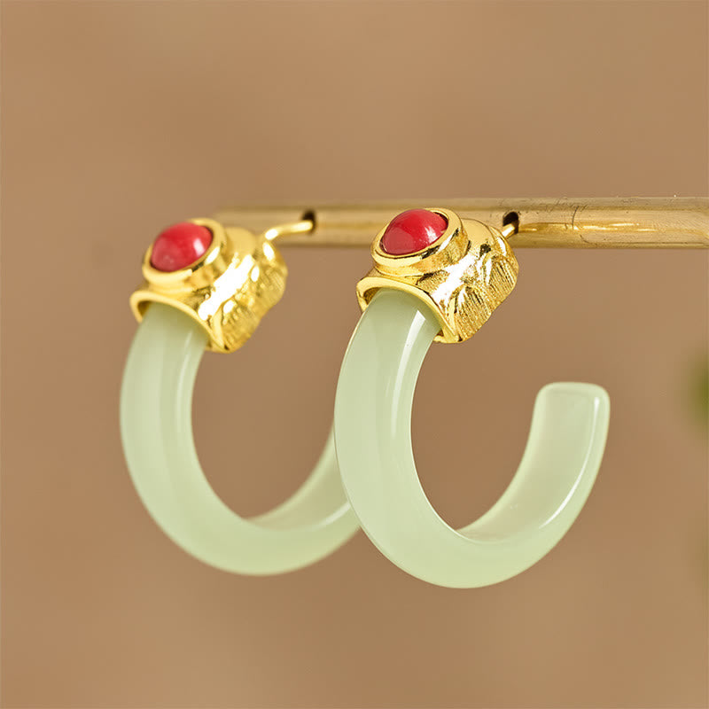 Round Hoop Design Hetian Jade Copper Plated Gold Abundance Earrings