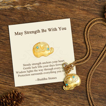 "May Strength Be With You" 24k Gold Plated Brass Elephant Necklace Includes Gift Message Card