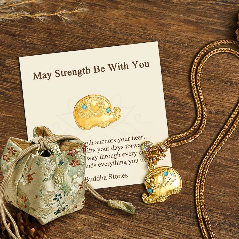 "May Strength Be With You" 24k Gold Plated Brass Elephant Necklace Includes Gift Message Card