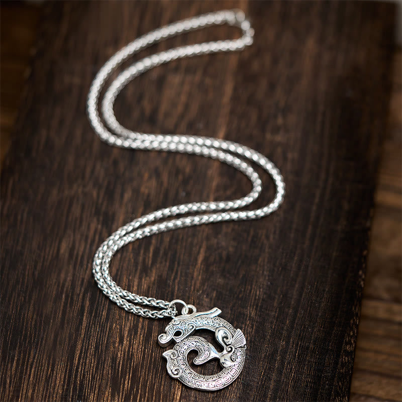 Tibetan Coiling Dragon Taotie Pattern Copper Plated Silver Necklace Pendant