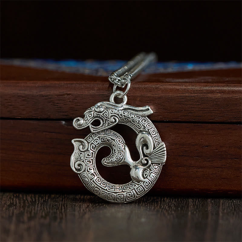 Tibetan Coiling Dragon Taotie Pattern Copper Plated Silver Necklace Pendant