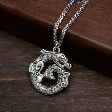 Tibetan Coiling Dragon Taotie Pattern Copper Plated Silver Necklace Pendant