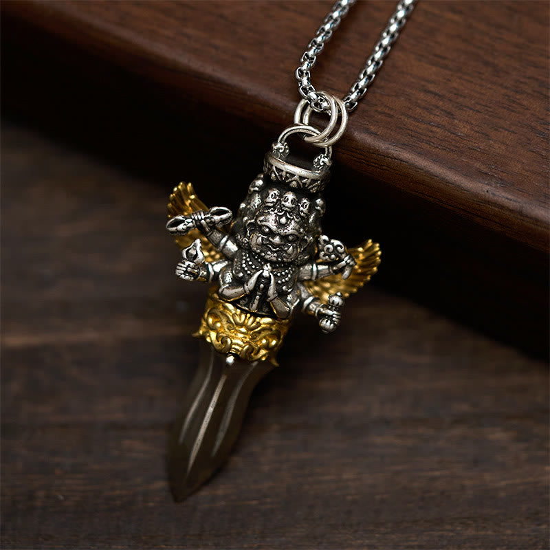 Tibetan Vajra Three Heads Six Arms Design Copper Healing Spiritual Power Necklace Pendant