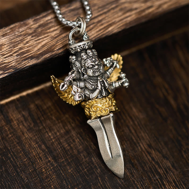Tibetan Vajra Three Heads Six Arms Design Copper Healing Spiritual Power Necklace Pendant