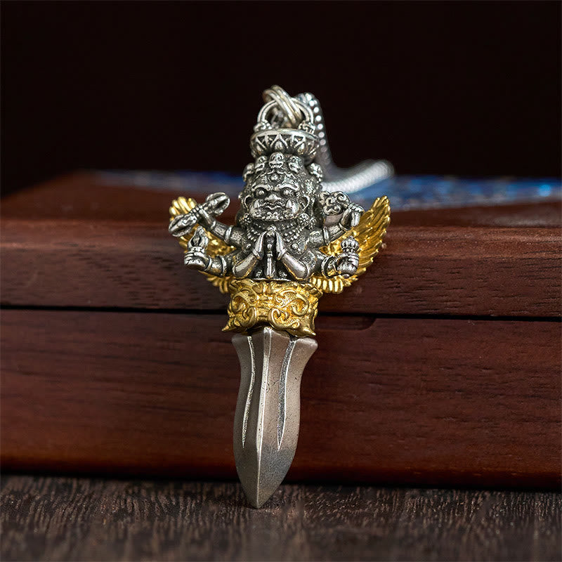 Tibetan Vajra Three Heads Six Arms Design Copper Healing Spiritual Power Necklace Pendant