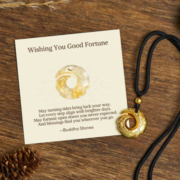 "Wishing You Good Fortune" 24k Gold Plated Brass Peace Buckle Black Rope Necklace Includes Gift Message Card