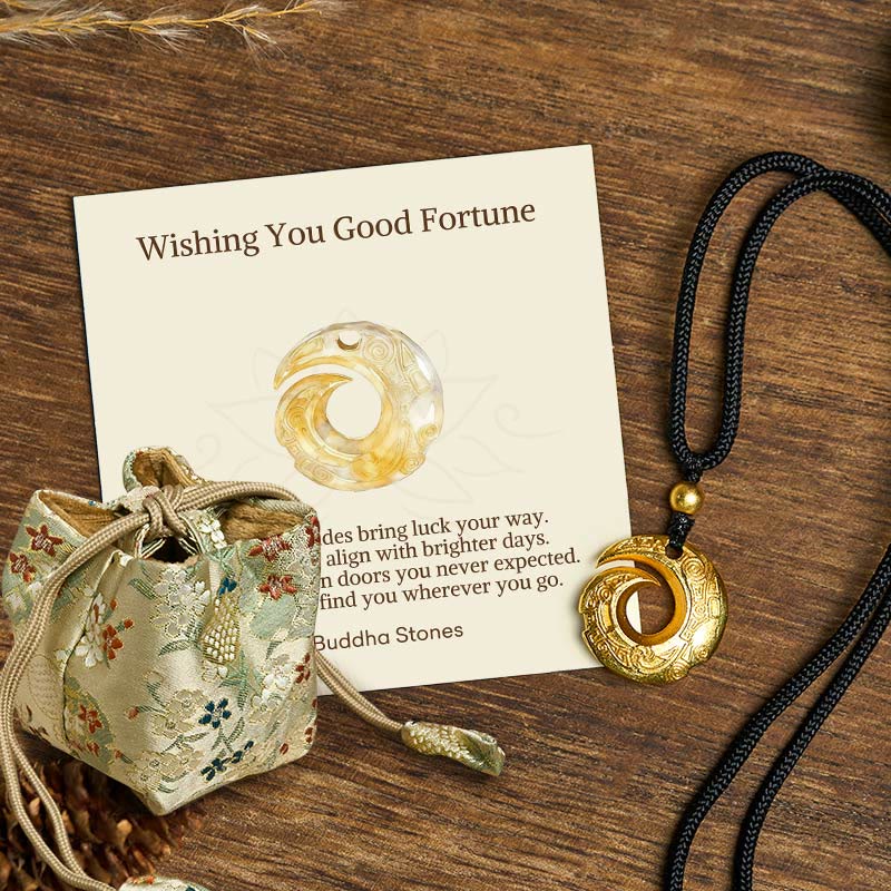"Wishing You Good Fortune" 24k Gold Plated Brass Peace Buckle Black Rope Necklace Includes Gift Message Card