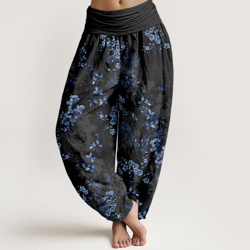 Cotton Watercolor Botanical Elastic Waist Meditation Harem Pants