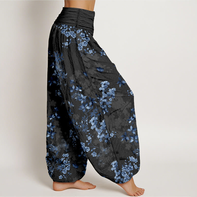Cotton Watercolor Botanical Elastic Waist Meditation Harem Pants