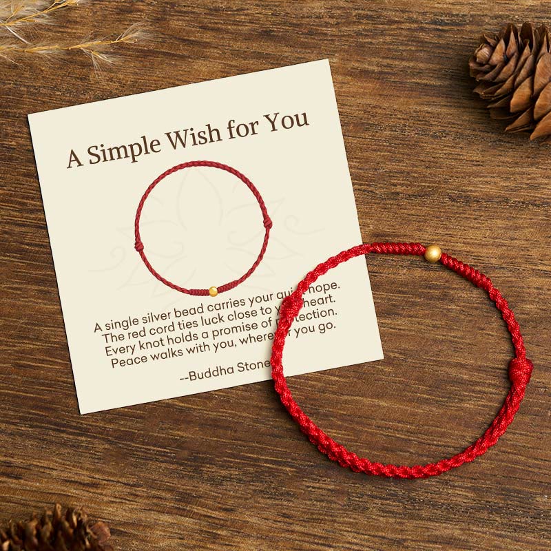 "A Simple Wish for You" 925 Sterling Silver Plated Gold Single Bead Red Rope Bracelet Anklet Includes Gift Message Card