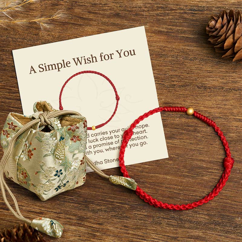 "A Simple Wish for You" 925 Sterling Silver Plated Gold Single Bead Red Rope Bracelet Anklet Includes Gift Message Card
