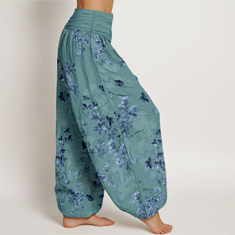 Cotton Watercolor Botanical Elastic Waist Meditation Harem Pants