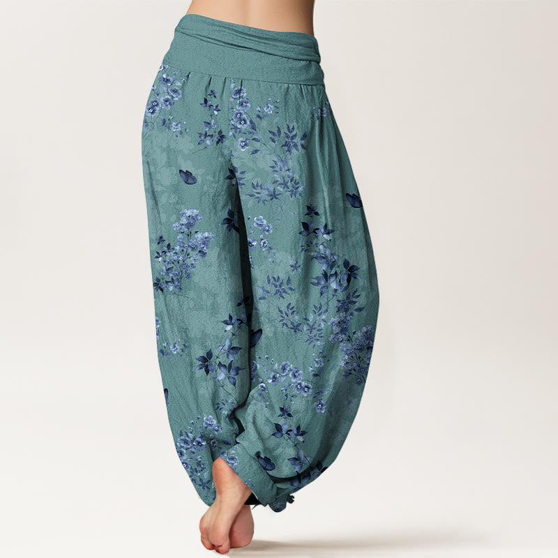 Cotton Watercolor Botanical Elastic Waist Meditation Harem Pants