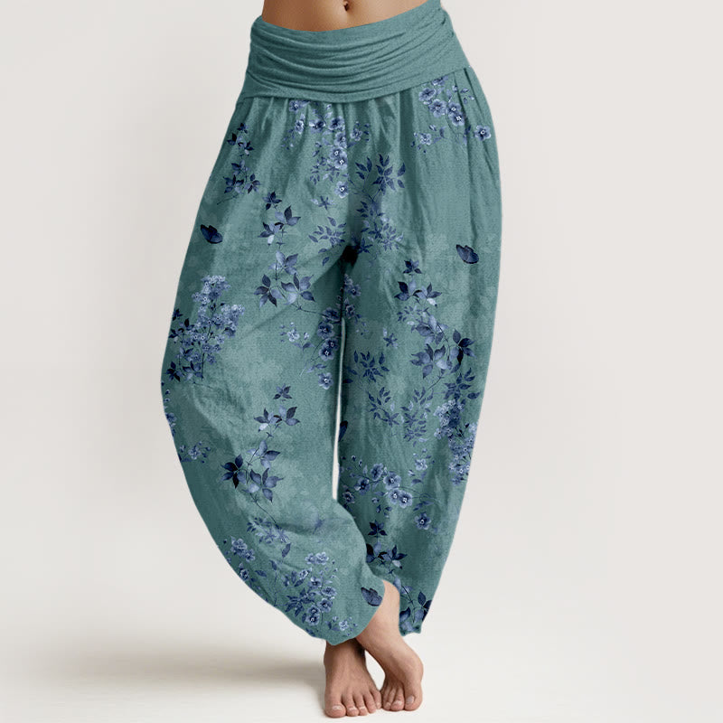 Cotton Watercolor Botanical Elastic Waist Meditation Harem Pants