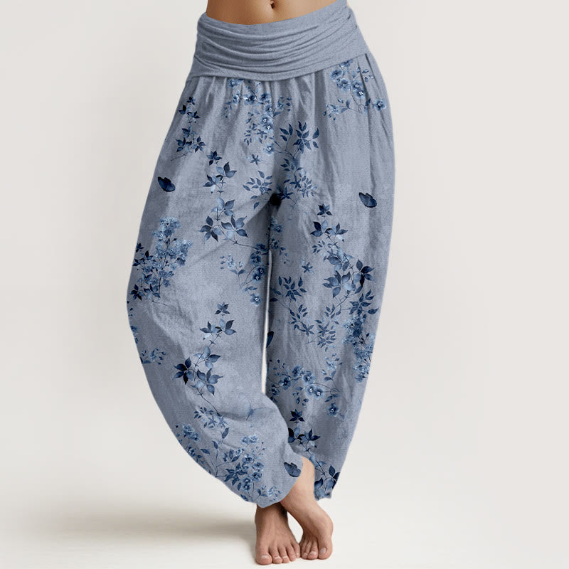 Cotton Watercolor Botanical Elastic Waist Meditation Harem Pants