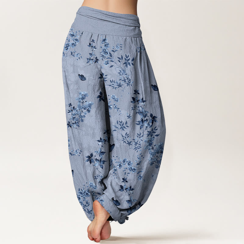 Cotton Watercolor Botanical Elastic Waist Meditation Harem Pants