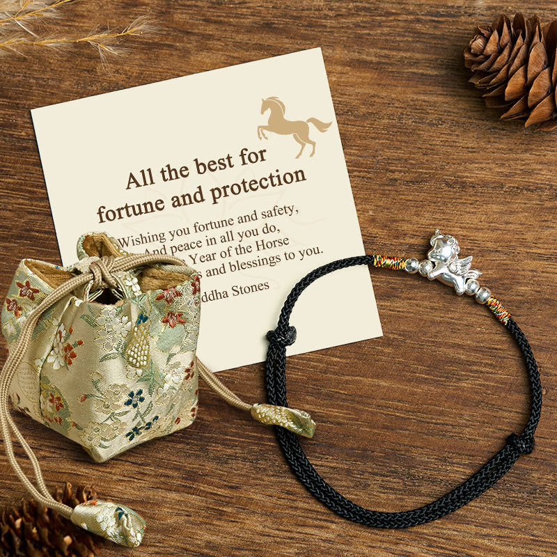 "All the Best for Fortune and Protection" 925 Sterling Silver Year Of The Horse String Bracelet Includes Gift Message Card