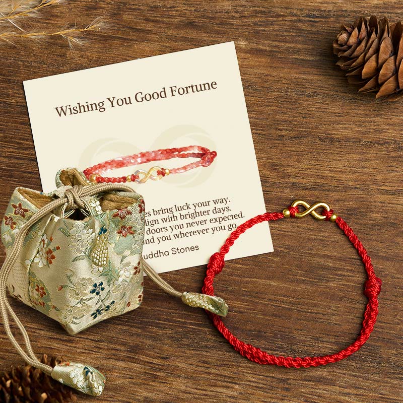 "May Endless Luck Find You" Infinity Charm Brass Red String Bracelet Includes Gift Message Card