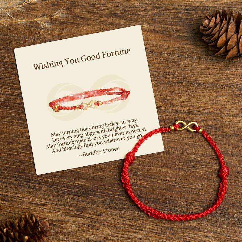 "May Endless Luck Find You" Infinity Charm Brass Red String Bracelet Includes Gift Message Card
