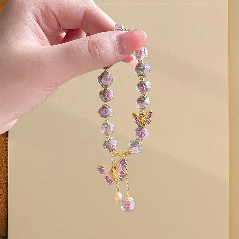 Double Butterfly Copper Charm Liuli Glass Beaded Love Bracelet