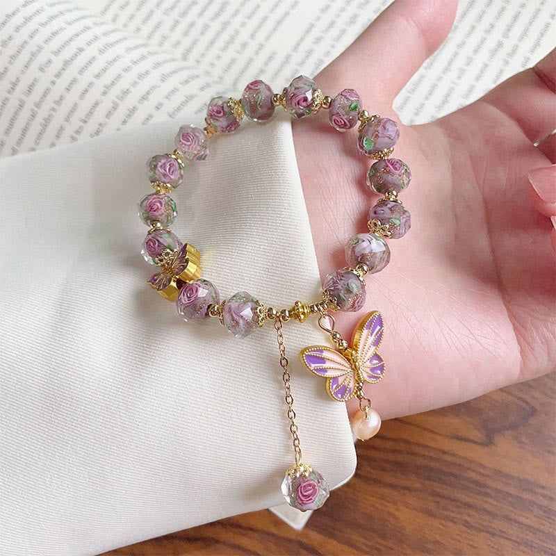 Double Butterfly Copper Charm Liuli Glass Beaded Love Bracelet