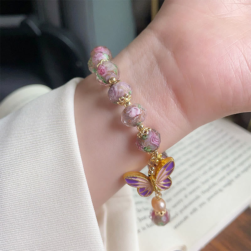 Double Butterfly Copper Charm Liuli Glass Beaded Love Bracelet