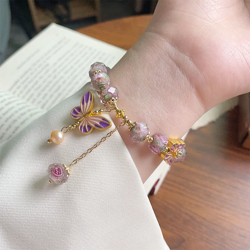 Double Butterfly Copper Charm Liuli Glass Beaded Love Bracelet