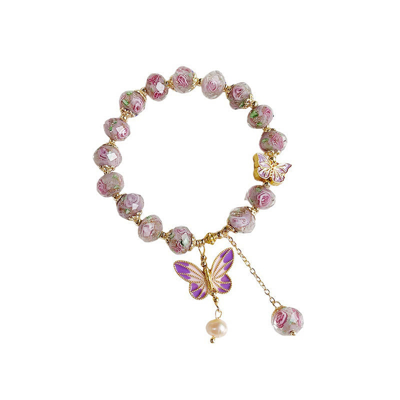 Double Butterfly Copper Charm Liuli Glass Beaded Love Bracelet