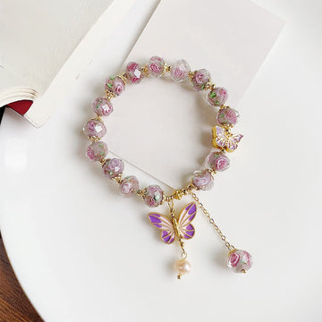 Double Butterfly Copper Charm Liuli Glass Beaded Love Bracelet